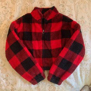 Red/black fleece sherpa crop jacket
